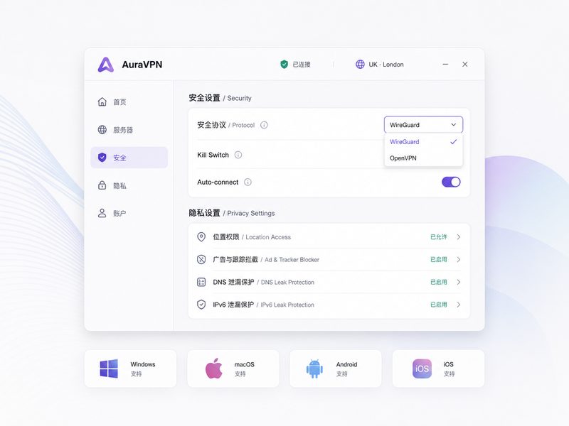 AuraVPN 军用级加密协议与安全设置面板解构
